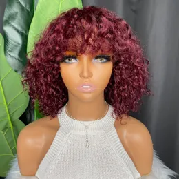 Pixie Cut Curly Short Bob Regular Bang Wig Wine Red 100% Remy Raw Human Hair Deep Wave Brazilian Indian dla czarnych kobiet