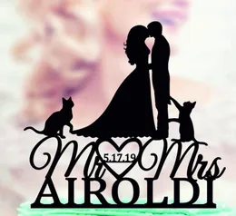 Bride Groom With Two Cats Wedding cake Topper Custom MrMrs Name And Date Anniversary Cake topper with petsWedding Decor 2206188717282