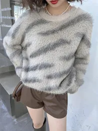 Frauenpullover 2023 Ankunft Gestreifter hochwertiger Frauenpullover Mohair Mode Oansatz Pullover Kleidung Süße faule Art Herbst X003