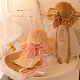 Caps Hats Pudcoco Kid Baby Girl Sun Wide Brim Straw Cap Bow Pearls Cute Proof for Beach Street Party 230426