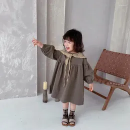 Girl Dresses Korean Style Fashion Little Princess Loose Long Sleeve Dress With Lace Cappa Girls Cotton Casual All-match