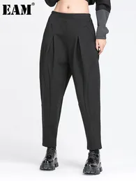 Pantaloni da donna s EAM Vita alta elastica Nero Lungo Diviso Pantaloni Harem Pantaloni larghi Moda Primavera Autunno 2023 1Y766 231127