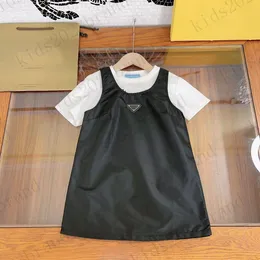 designer girls dresses sets High-end children's two-piece suspender dress black vest dress with t shirts brand kids skirts size 110-160cm