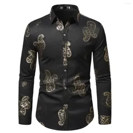 Męskie koszulki męskie męskie luksus Paisley czarny błyszczący nadruk stylowy długie rękaw guziki sukienka w górę koszula męska impreza ślub smoking chemise homme