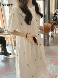 Dress Circyy Woman Dress White Embroidery Floral MidCalf Cotton Clothing 2022 Summer New Short Sleeve Loose Lined Cute Sweet Sundress