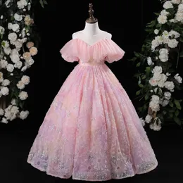 Pink Lace 2023 Flower Girl Dresses Sheer Neck Tiers Ball Gown Little Girl Wedding Dresses florals frist holy Communion Pageant Dresses Gowns toddler Pageant Dress