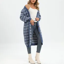 Damskie dzianiny modne swetra swetra guziki Swetigan Zamknięcie ciepły płaszcz Kobiet w stylu etnicznym nadrukiem długa kurtka