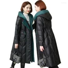 Women's Leather 2023 Winter Style Simulation Down Padded Jacket Mid-Längd Coat Pu Overwear Female Outcoat Tops