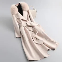 Miscele moda donna lungo trench in lana di agnello con collo in vera pelliccia di volpe soprabito lungo elegante con cintura da donna con tasche