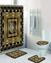 Luxo ouro 3d geométrico grego chave padrão cortina de chuveiro conjunto floral meandro ornamento mandala tapetes do banheiro decoração para casa 180x200 2203320647