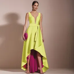 Elegante vestido de noite alto-baixo 2024 decote em v profundo uma linha assimétrico cetim baile vestido formal vestidos de festa de aniversário cor contraste robe de soiree