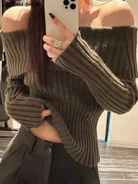 Women's Sweaters 2022 Autumn Winter Solid Color Rib Knitted Off the Shoulder Pullover Sweater Sexy Women Full Sleeve Slim Stretch Knitwear Jumper zln231127