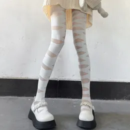 Sexy Socks Lolita Tali Silang Pantyhose Harajuku Perban Berongga Keluar Stoking Tembus Cahaya Tipis Putih Hitam Jepang Terikat Kaus Kaki Panjang 230427