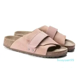 Single buckle sandals Slippers men's and women's same style coleather suede cork slippers pink