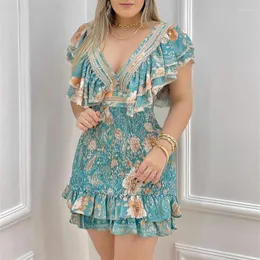 Sukienki swobodne IoTiany Floral Print Ruffle Hem Folds Mini Dress 2023