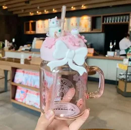 Topp nya kreativa (dryck) Starbucks muggrosa körsbärsblomma stort kapacitet dubbel glas med sippy kopp kaffe mugg gåva