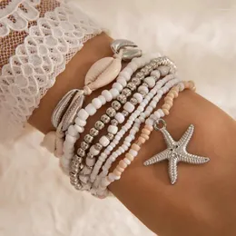 Strand arroz contas estrela do mar pingente pulseira conjunto moda verão praia mar concha multicamadas pulseiras acessórios de jóias