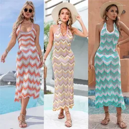 Kvinnors badkläder Beach Wear Women 2023 Cover Up kostymklänning för tre stycken stor kjol med prissatt stripe polyester kaftan bikini coverup
