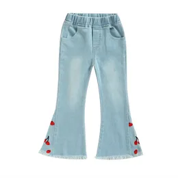 Spodnie Celana Denim Bayi Perempuan Anak Anak Kecil Jeans Terkembang Pinggang Elastis Sulaman Ceri Dengan Saku 1 6T 230426