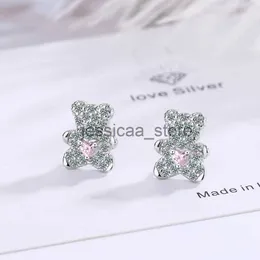 Stud New Arrival 100% 925 SterlSilver Sweet Cartoon Bear Animal Shiny Crystal Ladies Stud Earrings For Little Girls Gifts Cheap J231127