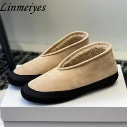 Dress Shoes High Top Flat Loafers Shoe Round Toe SlipOn Wool Warm Female Outdoor Cow Suede Winter Short Boots Woman 231127