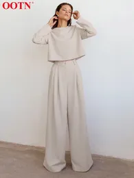 Calças femininas s ootn outono cintura alta perna larga senhora do escritório sólido solto streetwear cáqui calças elegante plissado longo 2023 231127