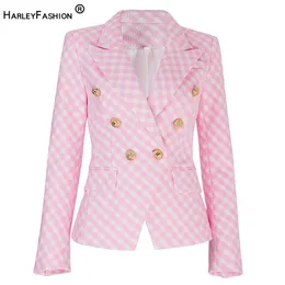바지 할리페셔스 뉴 겨울 따뜻한 트위드 패브릭 럭셔리 디자이너 격자 무늬 패턴 스트리트 스트리트 핑크 두꺼운 재킷 여성 블레이저