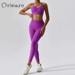 ヨガの衣装Chrleisure Sports Yoga Suit Women Double Sholdle Straps Crossed Beauty Back Back Purple Yoga Set Tight Push Up Leggings Yoga Set P230504