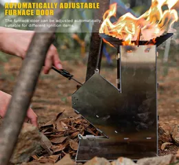 Utomhuskuddar Portable Camping Spise Collapsible Wood Burning Burn rostfritt stål Rocket Stoves4372830