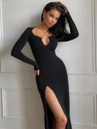 Basic Casual Dresses Autumn Crossed Cleavage Maxi Dress Women Concise Side Spilt Elegant Vestido Lady High Street Bodycon Slim Robe Skirt 231127