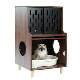 Arranhadores para gatos, caixa de areia para gatos, mesa lateral com divisória, móveis para gatos, porta deslizante, sala de armazenamento para animais de estimação, interior