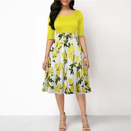 Casual Dresses Oten Spring Autumn Women's 1950 -talet Vintage Elegant 3/4 Sleeve Lemon Floral Printed Swing Party Kne Length Midi Dress med