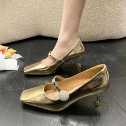 Dress Shoes Gold Mary Jane For Women Rhinestone Stiletto High Heels Shallow Mouth Outdoor Slip-on Single Zapatos