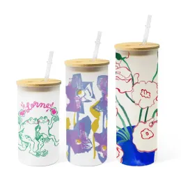 USA /CA Warehouse 16oz Sublimation Tumblers Blanksまっすぐ霜の透明な透明なアイスコーヒーグラスマグカップ竹のふたとストロー0617