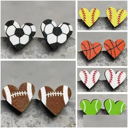 Pendants Heart Sports Stud Baseball Earrings Rugby Football Basketball Wooden Fashion Accessories Gift Drop Delivery Home Garden Arts Dhg0K