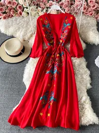 Dresses Fitaylor 2022 New Spring Summer Casual Flare Sleeve Bohemian Female Dresses Women Vneck Embroidery Midi Dresses