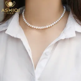 Bärade halsband Ashiqi Natural Freshwater Pearl Chokers Halsband 925 Sterling Silver Jewelry for Women Gift Fashion 230426