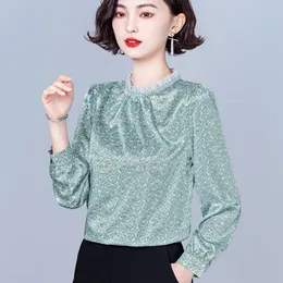 T-Shirt Elegant Long Sleeve Women Blouses Chic Ruffles Stand Collar Printed Shirt Vintage Office Tops Woman Blusas Mujer De Moda 2022