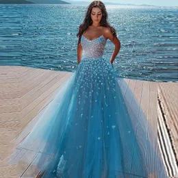 Party Dresses Delicate Blue Ball Gown Prom For Women's 2023 Strapless Sleeveless Floor Length Applique Sequined Evening Gowns