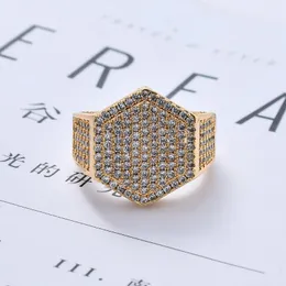 Cluster Rings Explosions Hip Hop Men's Hexagonal Ring Micro Inlaid Zircon Gold