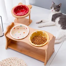 Feeding Ceramic Elevated Raised Cat Bowl with Wood Stand No Spill Pet Food Water Feeder Cats Small Dogs Best Selling Pet Supplies