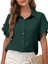 T-shirt da donna Korte Mouwen Solid Revers Hals Chiffon Button Shirt Voor De Zomer