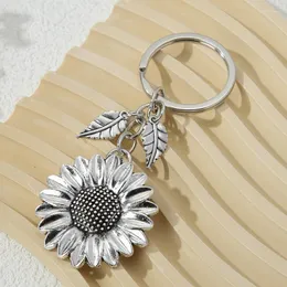 Keychains Fashion Alloy Sunflowers Leaves Silver Colors Plants Key Rings For Women Men Good Friendship Gift Handmade DIY Jewelry