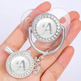 Baby Beißringe Spielzeug Personalisierter Schnullerclip geboren Luxus Schnullerhalter Buchstabe Silber Bling Infant Transparent Silikon Beißring BPA-frei 230427