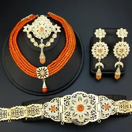 Conjuntos de joias de casamento Neovisson Elegent Marrocos Conjuntos de joias cor dourada cinto de corrente de cintura laranja cristal gargantilha colar brinco broche presente 231128