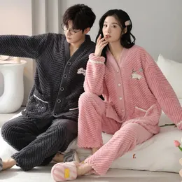 Pigiama da uomo in velluto termico spesso invernale da uomo Set per coppia Kawaii Kimono Lovers Sleepwear Uomo e donna Cardigan pigiama para parejas 231127