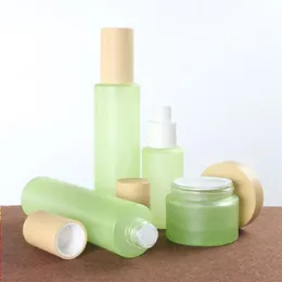 20ml 30ml 40ml 60ml 80ml 100ml 120ml Green Frosted Glass Cream Jar Cosmetic Bottles Mist Spray Lotion Pump Bottle Container with Imitat Sjcc