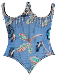 T-shirt 2022 Summer Women Corset Tops abbellishi intrecciati con cerniera posteriore Denim Diamonds ricamato traspirato