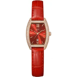 Damenuhren Relogio feminino Schweiz I W Luxus rote Damenarmbanduhr Saphirkalender wasserdichtes Lederband Diamantuhr für Damen 231128