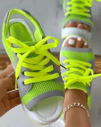 Sandals Summer Women Sandales Fashion Shoes Casual Flat Peep Toe Contrast Paneled Cutout Lace-up Muffin Platform Sport Sandalias